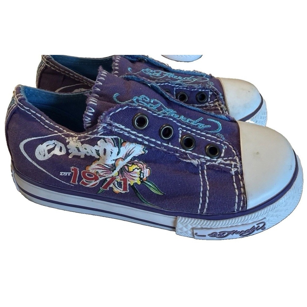 Ed Hardy Unisex Kids Y2K Tattoo Canvas Sneakers Size 7 Purple Slip On Shoes